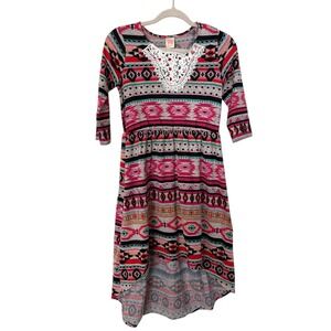 Faded Glory Girls XL 14-16 Aztec Print Dress Hi Low Hem Lace Trim Boho Pink